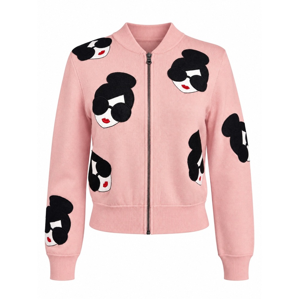 Alice + Olivia Theron Stace Face Zip Up Wool Cardigan Bomber Pink XS